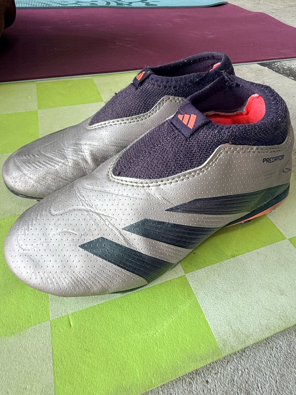 adidas Kids Predator Soccer Shoes in Silver, Navy, and Coral